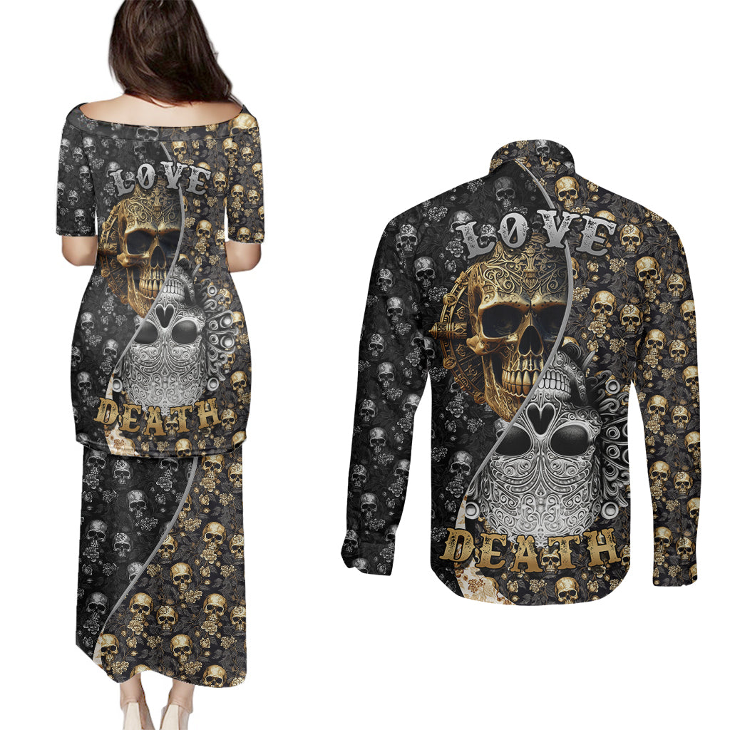 skull-pattern-couples-matching-puletasi-dress-and-long-sleeve-button-shirts-love-and-death
