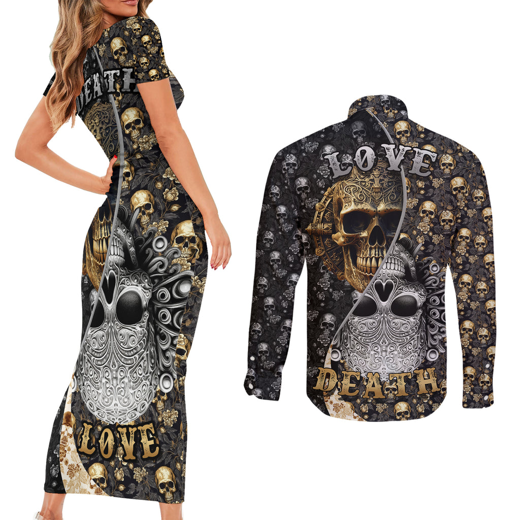skull-pattern-couples-matching-short-sleeve-bodycon-dress-and-long-sleeve-button-shirts-love-and-death