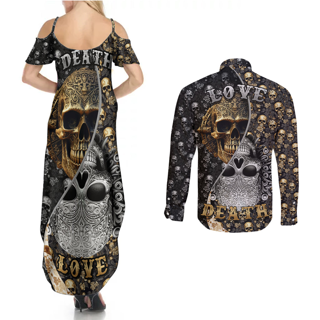 skull-pattern-couples-matching-summer-maxi-dress-and-long-sleeve-button-shirts-love-and-death