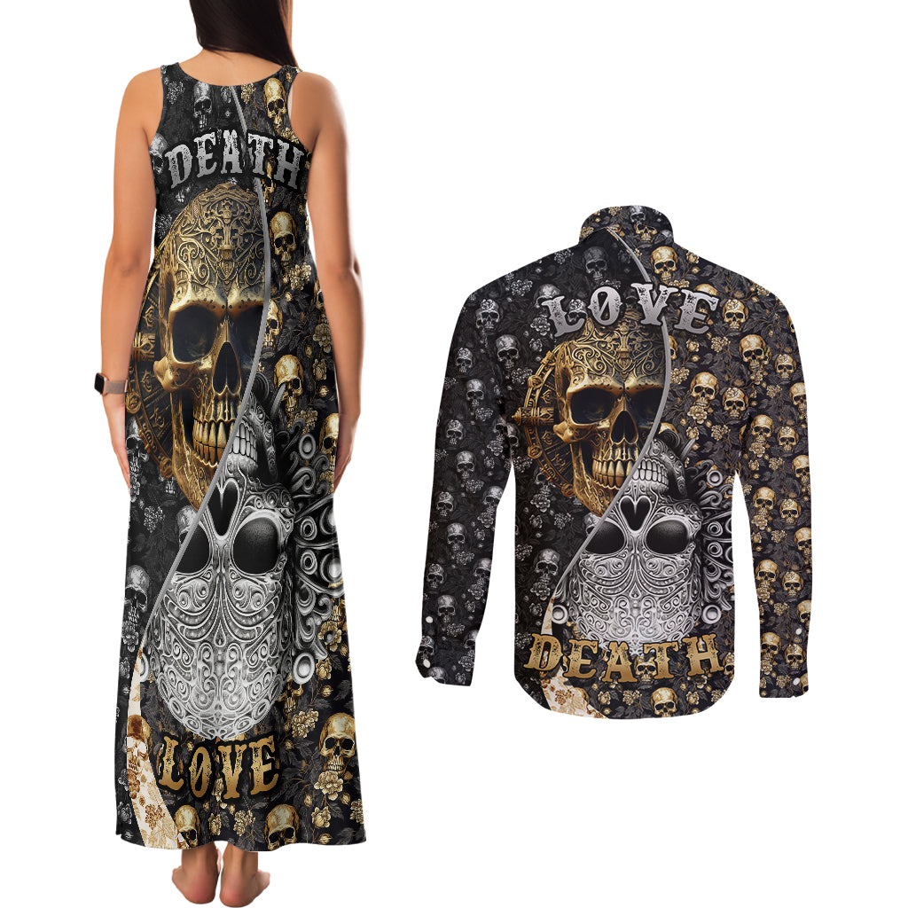 skull-pattern-couples-matching-tank-maxi-dress-and-long-sleeve-button-shirts-love-and-death