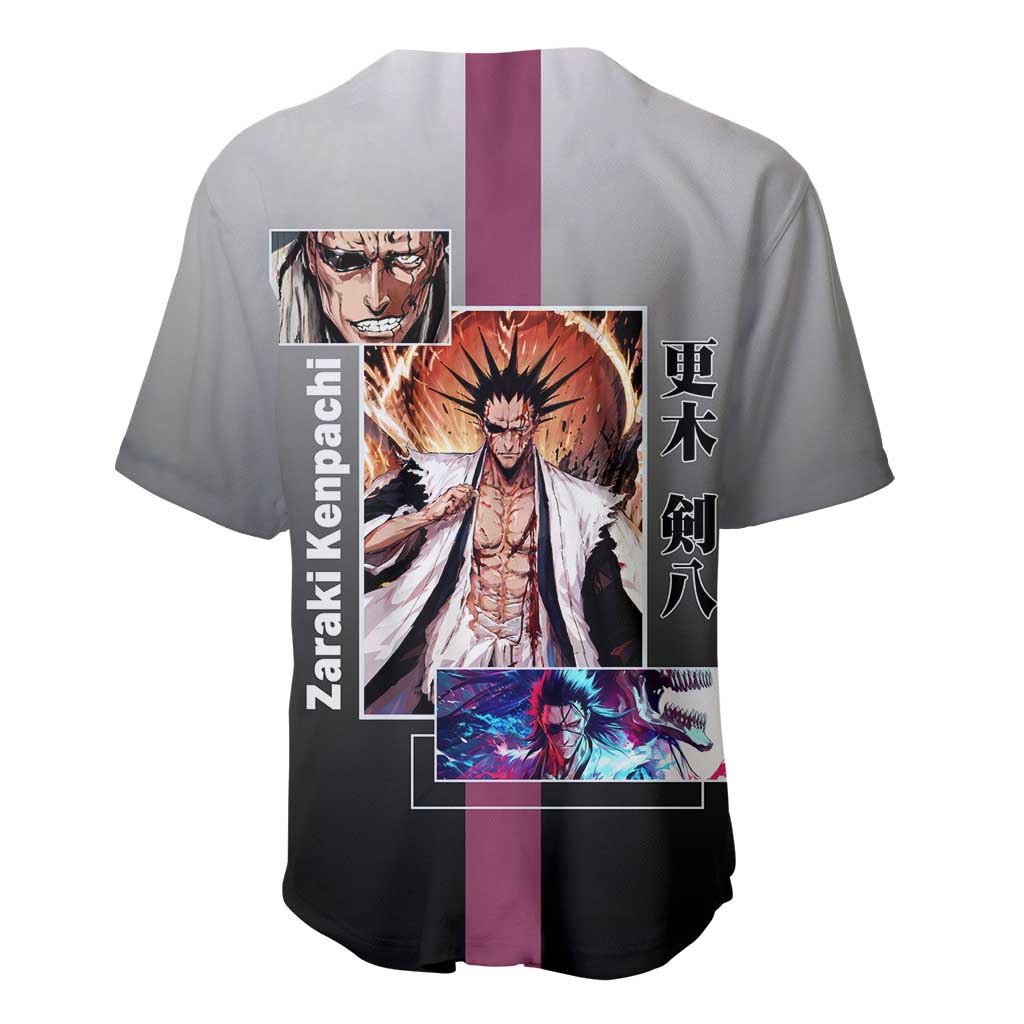 Kenpachi Zaraki Bleach Baseball Jersey with Zanpakuto and Fierce Battle Pose Design - The Mazicc