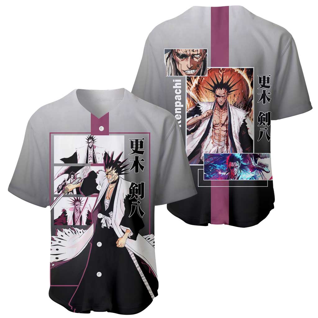 Kenpachi Zaraki Bleach Baseball Jersey with Zanpakuto and Fierce Battle Pose Design - The Mazicc