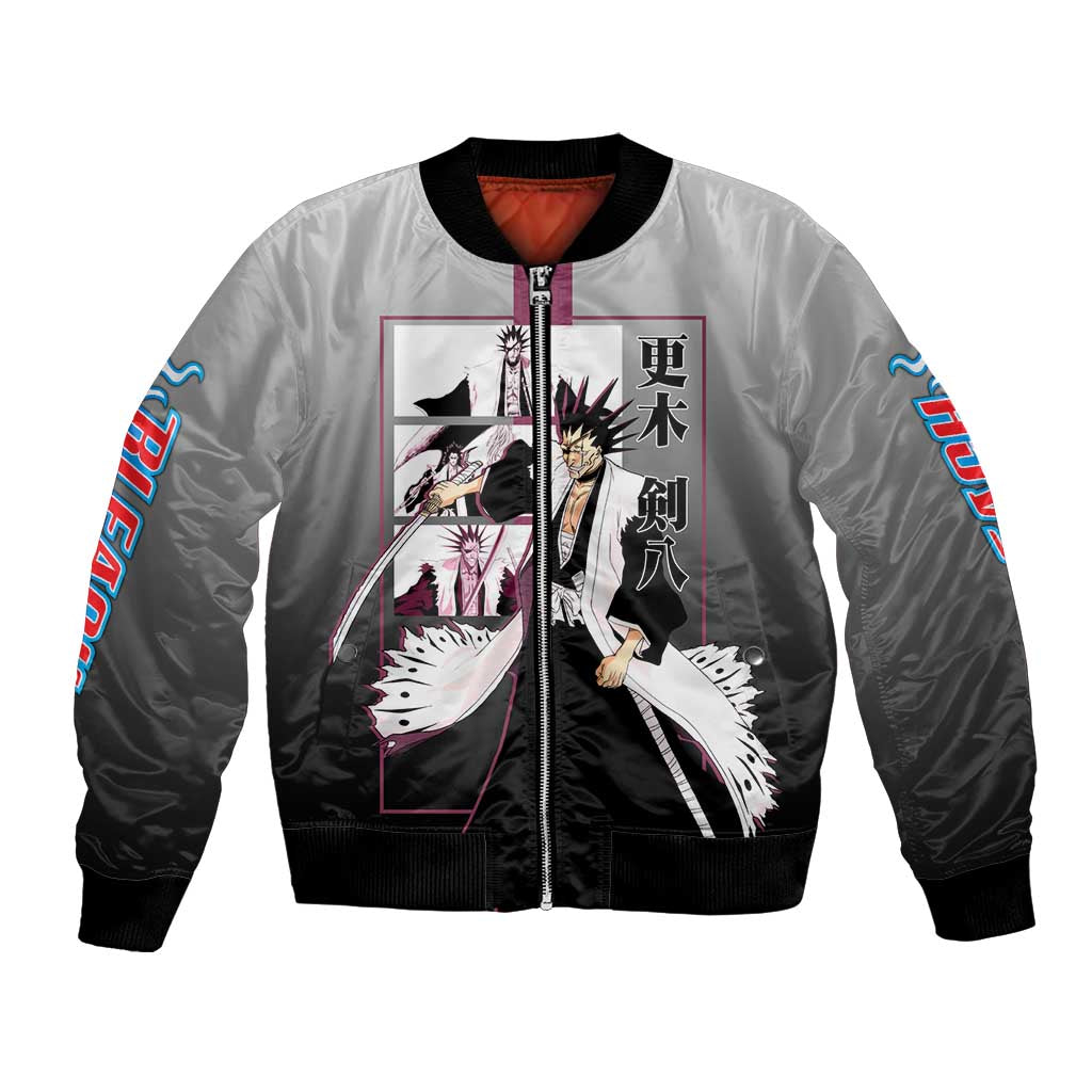 Kenpachi Zaraki Bleach Bomber Jacket with Zanpakuto and Fierce Battle Pose Design - The Mazicc