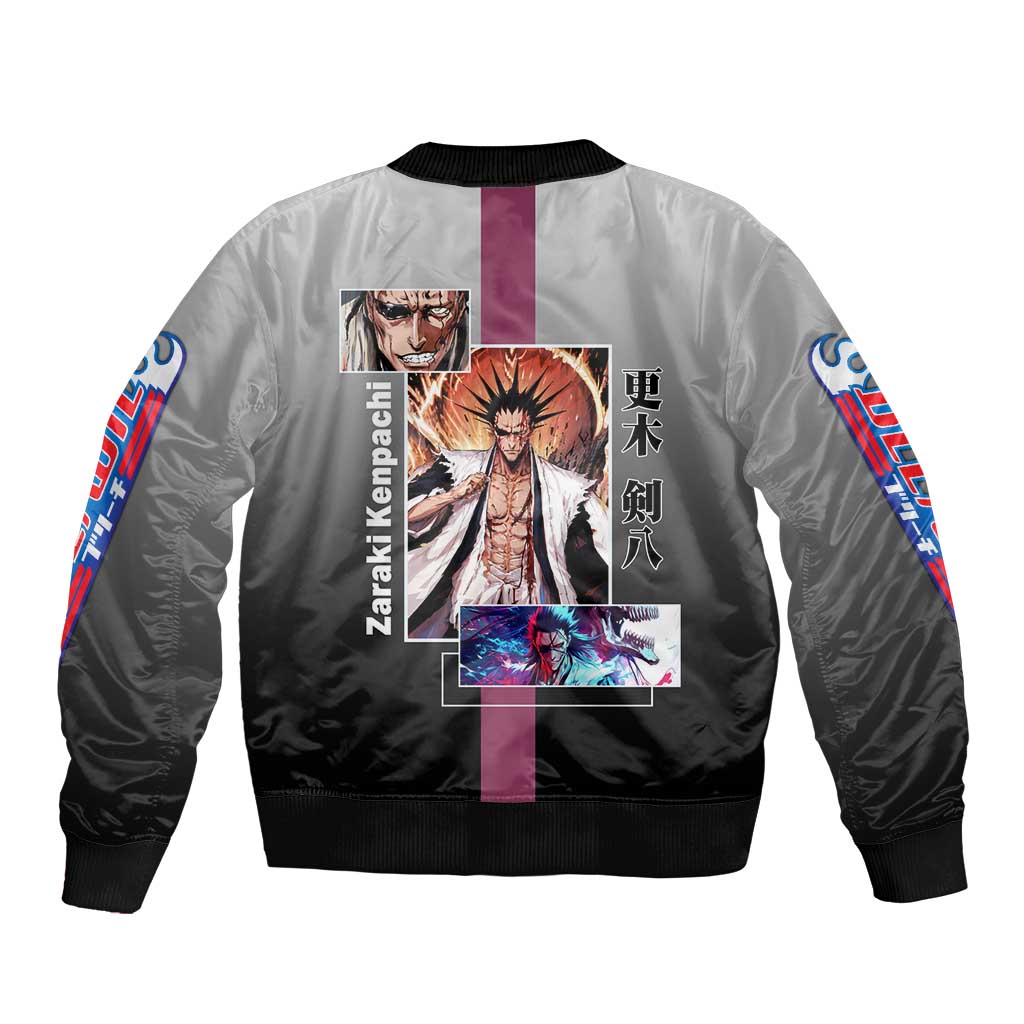 Kenpachi Zaraki Bleach Bomber Jacket with Zanpakuto and Fierce Battle Pose Design - The Mazicc