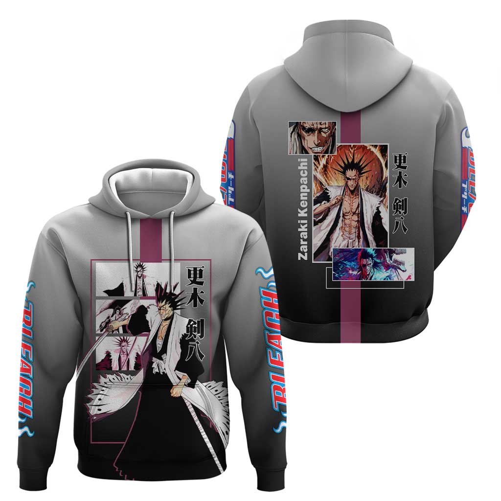 Kenpachi Zaraki Bleach Hoodie with Zanpakuto and Fierce Battle Pose Design - The Mazicc