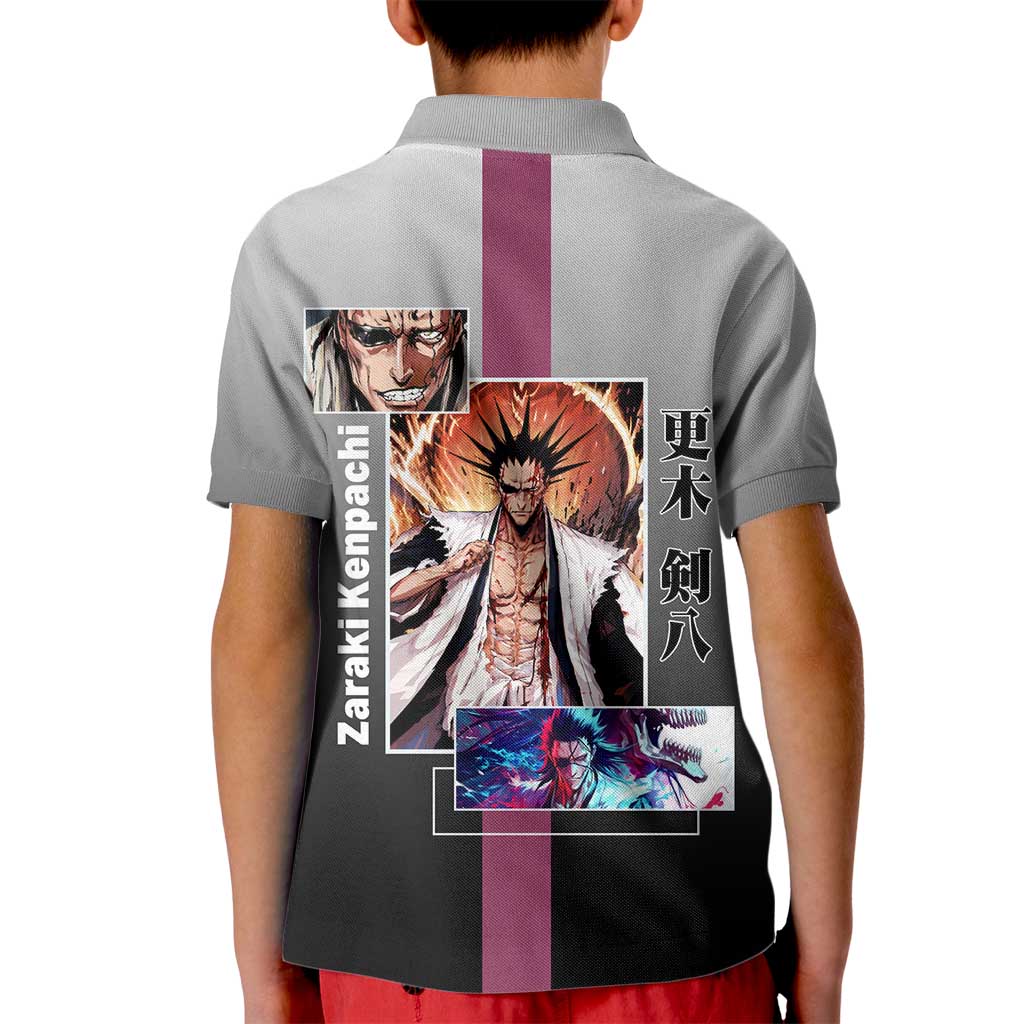 Kenpachi Zaraki Bleach Kid Polo Shirt with Zanpakuto and Fierce Battle Pose Design - The Mazicc