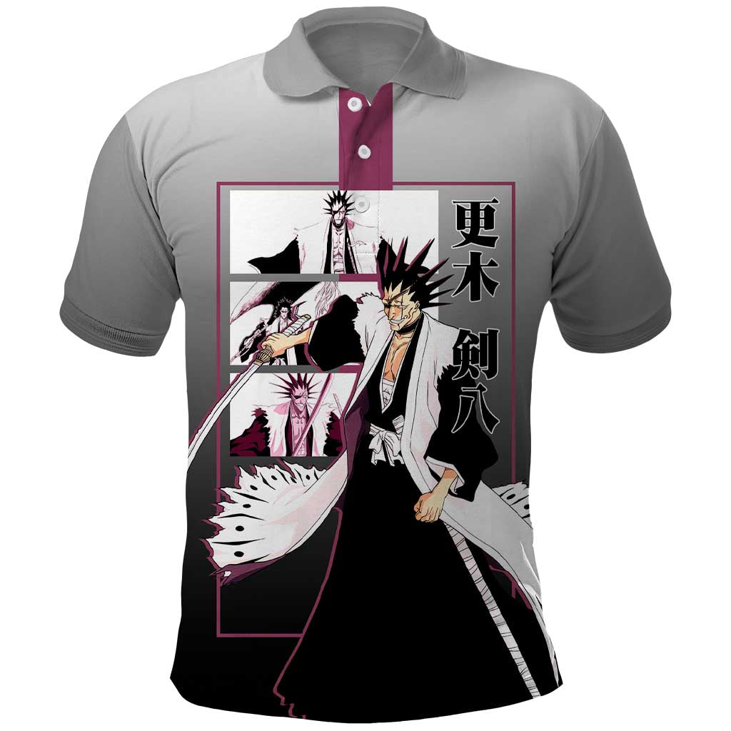 Kenpachi Zaraki Bleach Polo Shirt with Zanpakuto and Fierce Battle Pose Design - The Mazicc