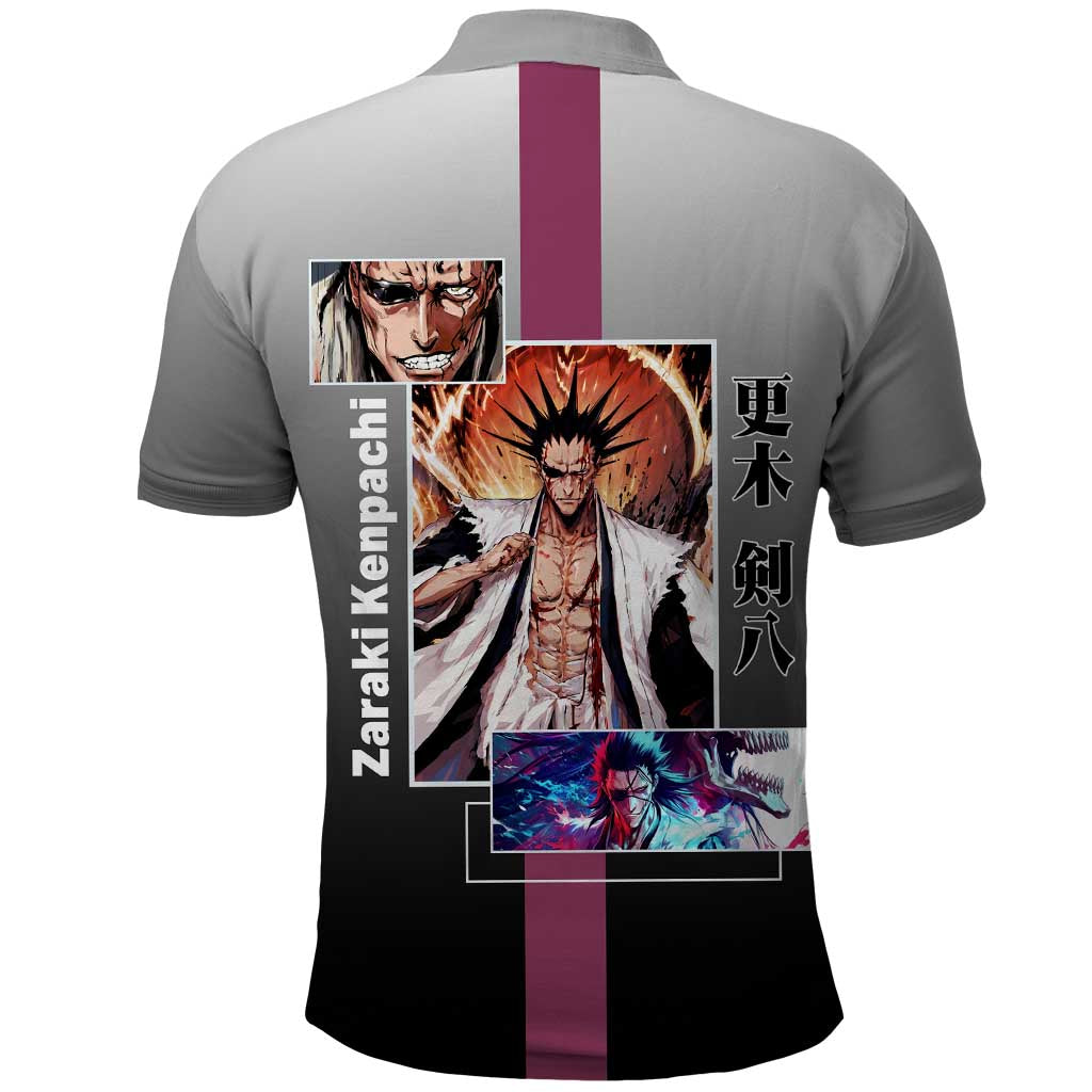 Kenpachi Zaraki Bleach Polo Shirt with Zanpakuto and Fierce Battle Pose Design - The Mazicc