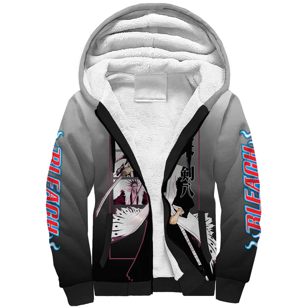 Kenpachi Zaraki Bleach Sherpa Hoodie with Zanpakuto and Fierce Battle Pose Design - The Mazicc