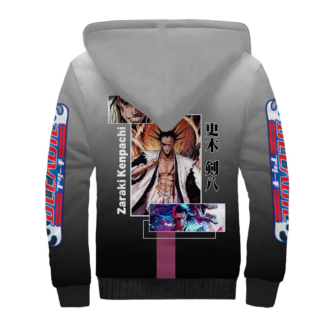 Kenpachi Zaraki Bleach Sherpa Hoodie with Zanpakuto and Fierce Battle Pose Design - The Mazicc