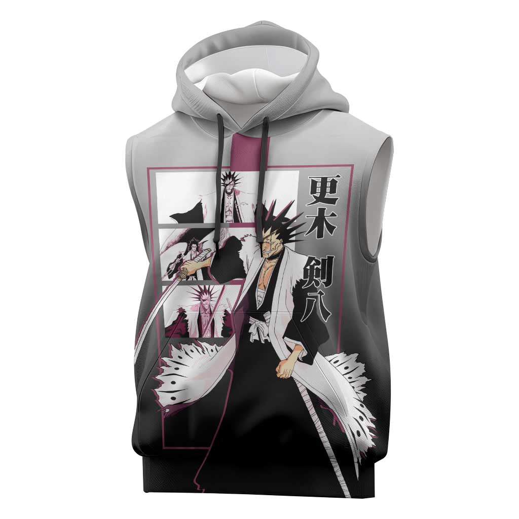 Kenpachi Zaraki Bleach Sleeveless Hoodie with Zanpakuto and Fierce Battle Pose Design - The Mazicc