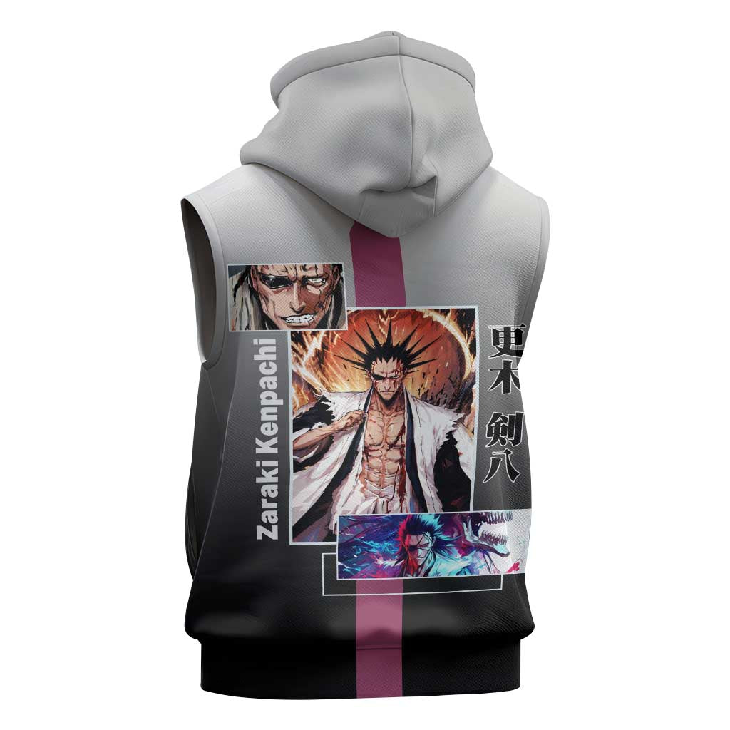 Kenpachi Zaraki Bleach Sleeveless Hoodie with Zanpakuto and Fierce Battle Pose Design - The Mazicc