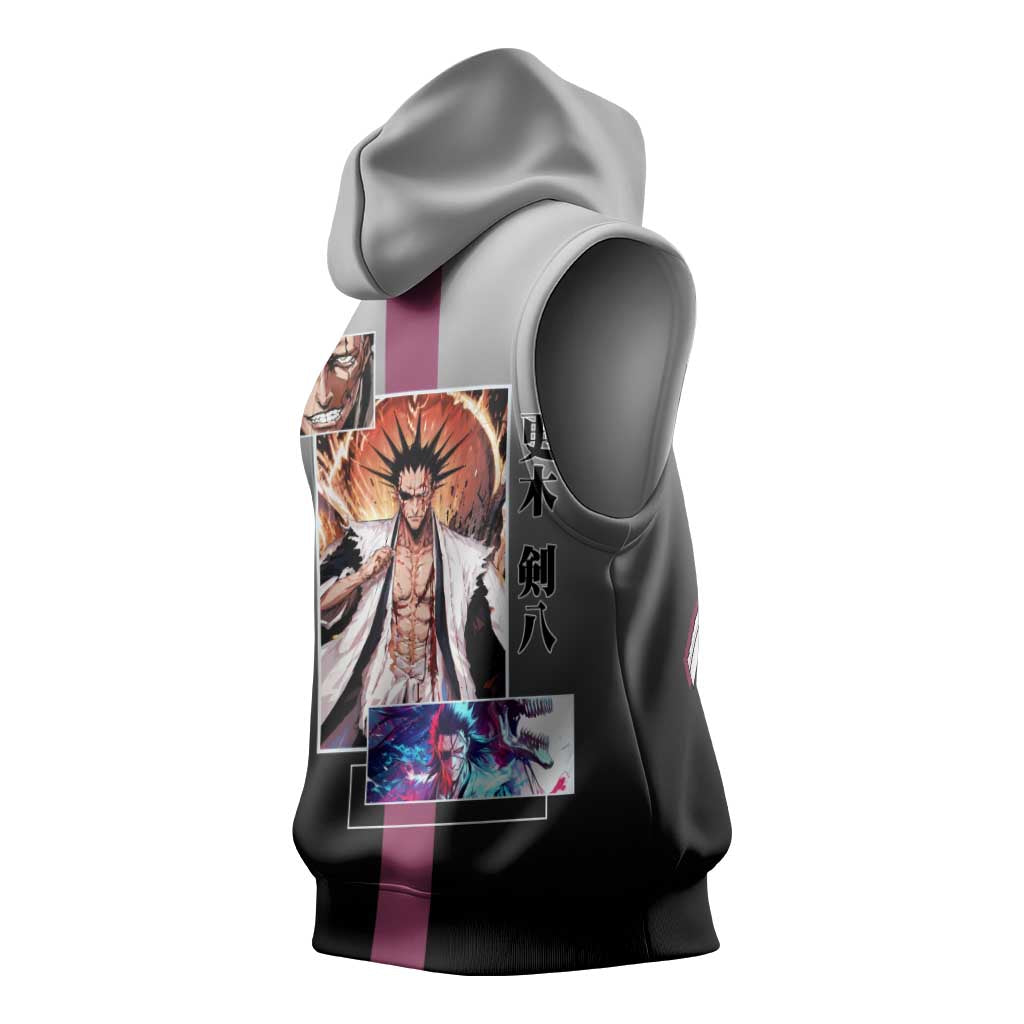 Kenpachi Zaraki Bleach Sleeveless Hoodie with Zanpakuto and Fierce Battle Pose Design - The Mazicc