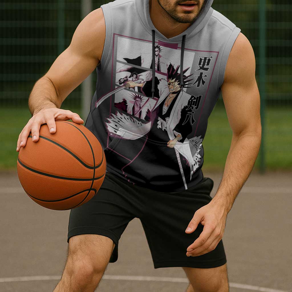 Kenpachi Zaraki Bleach Sleeveless Hoodie with Zanpakuto and Fierce Battle Pose Design - The Mazicc