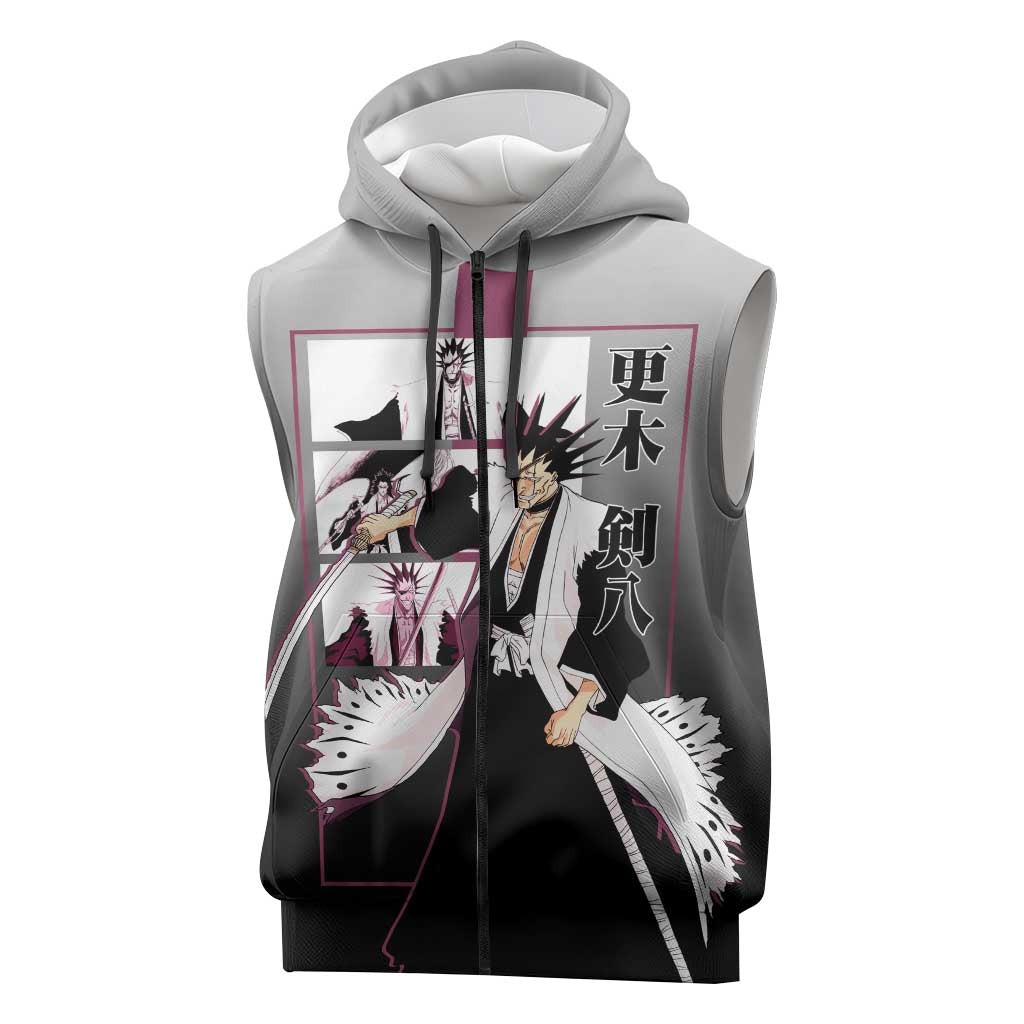 Kenpachi Zaraki Bleach Sleeveless Zip Hoodie with Zanpakuto and Fierce Battle Pose Design - The Mazicc