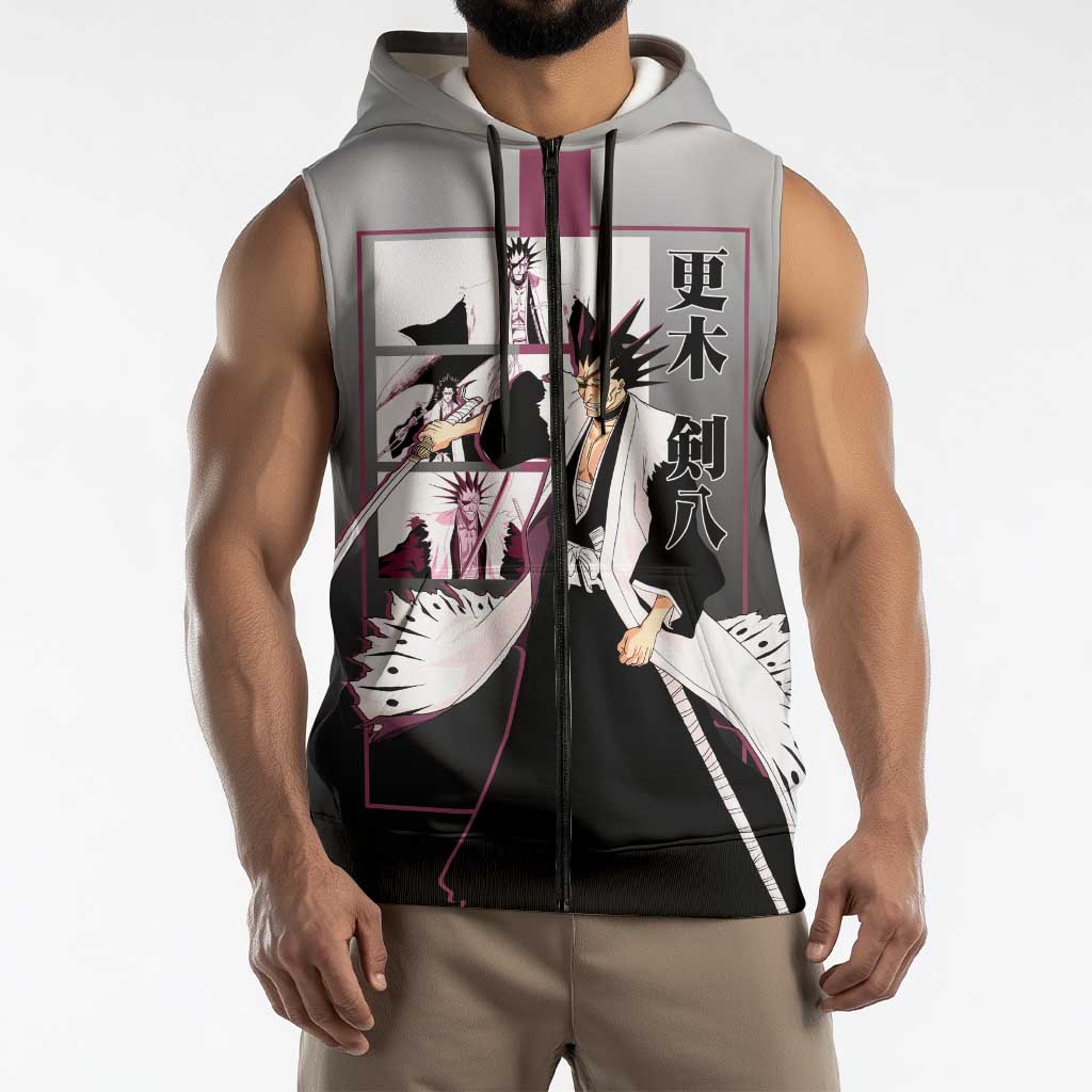 Kenpachi Zaraki Bleach Sleeveless Zip Hoodie with Zanpakuto and Fierce Battle Pose Design - The Mazicc