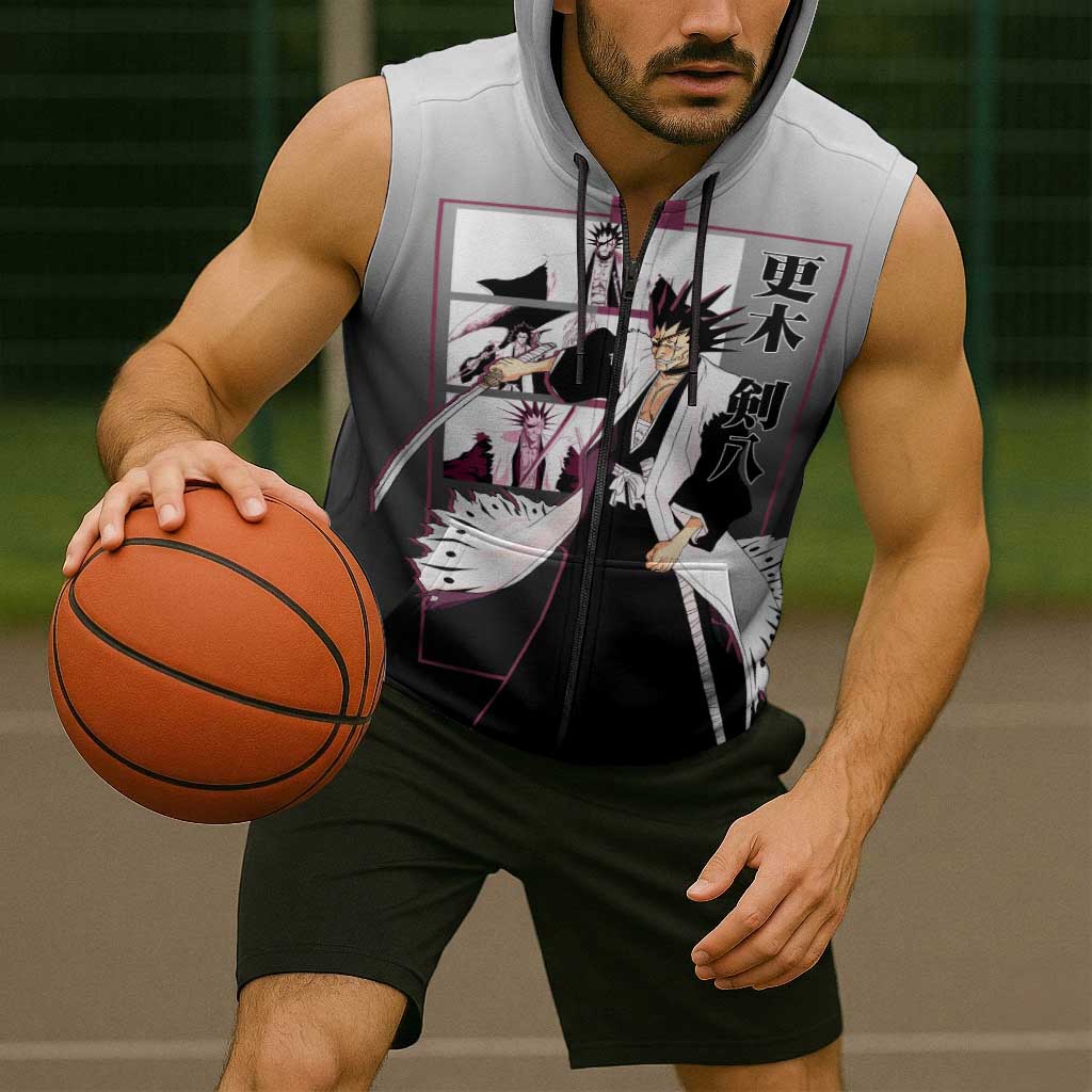 Kenpachi Zaraki Bleach Sleeveless Zip Hoodie with Zanpakuto and Fierce Battle Pose Design - The Mazicc