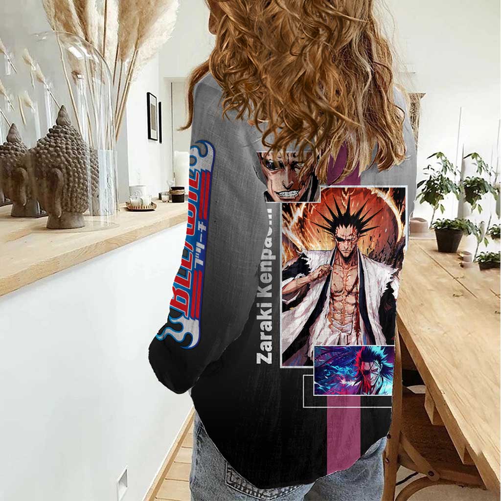 Kenpachi Zaraki Bleach Women Casual Shirt with Zanpakuto and Fierce Battle Pose Design - The Mazicc