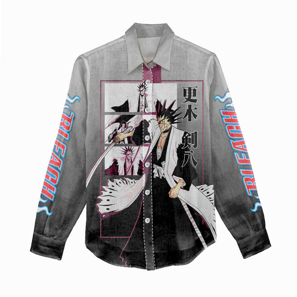 Kenpachi Zaraki Bleach Women Casual Shirt with Zanpakuto and Fierce Battle Pose Design - The Mazicc