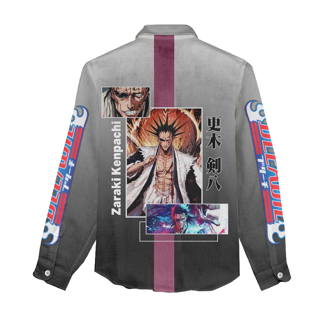 Kenpachi Zaraki Bleach Women Casual Shirt with Zanpakuto and Fierce Battle Pose Design - The Mazicc