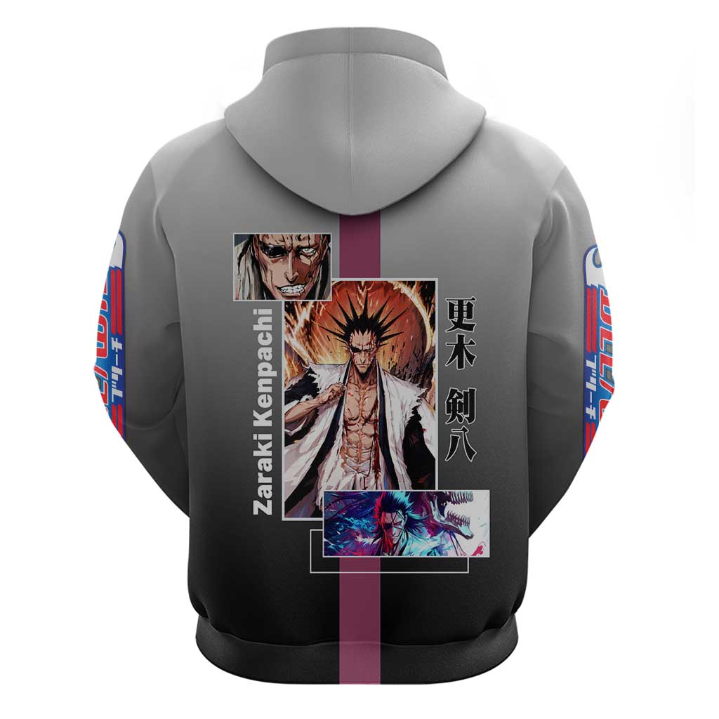 Kenpachi Zaraki Bleach Zip Hoodie with Zanpakuto and Fierce Battle Pose Design - The Mazicc