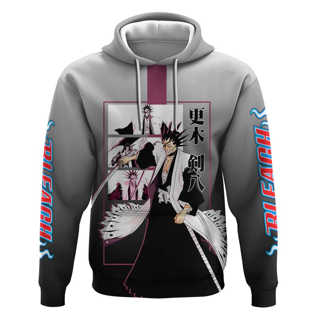 Kenpachi Zaraki Bleach Zip Hoodie with Zanpakuto and Fierce Battle Pose Design - The Mazicc