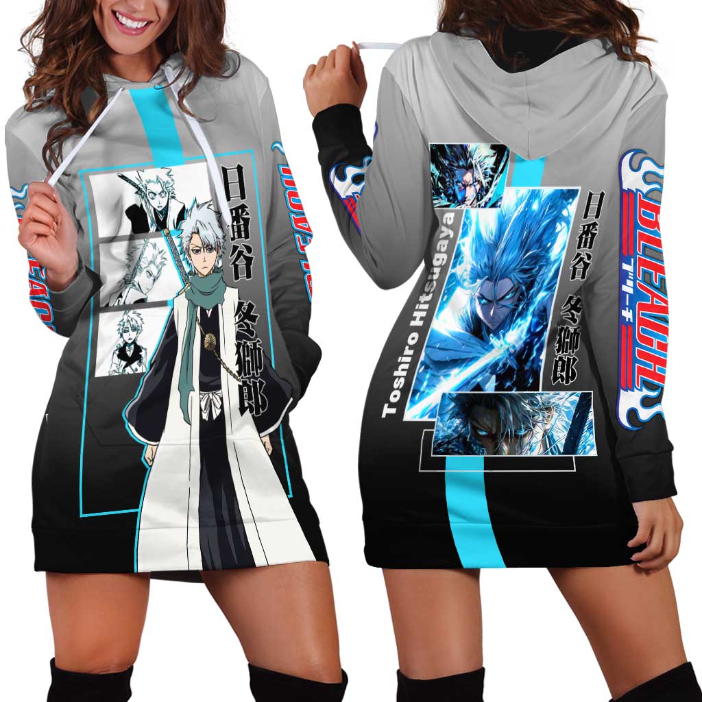 Toshiro Hitsugaya Bleach Hoodie Dress with Ice Dragon and Cool Battle Pose Design - The Mazicc