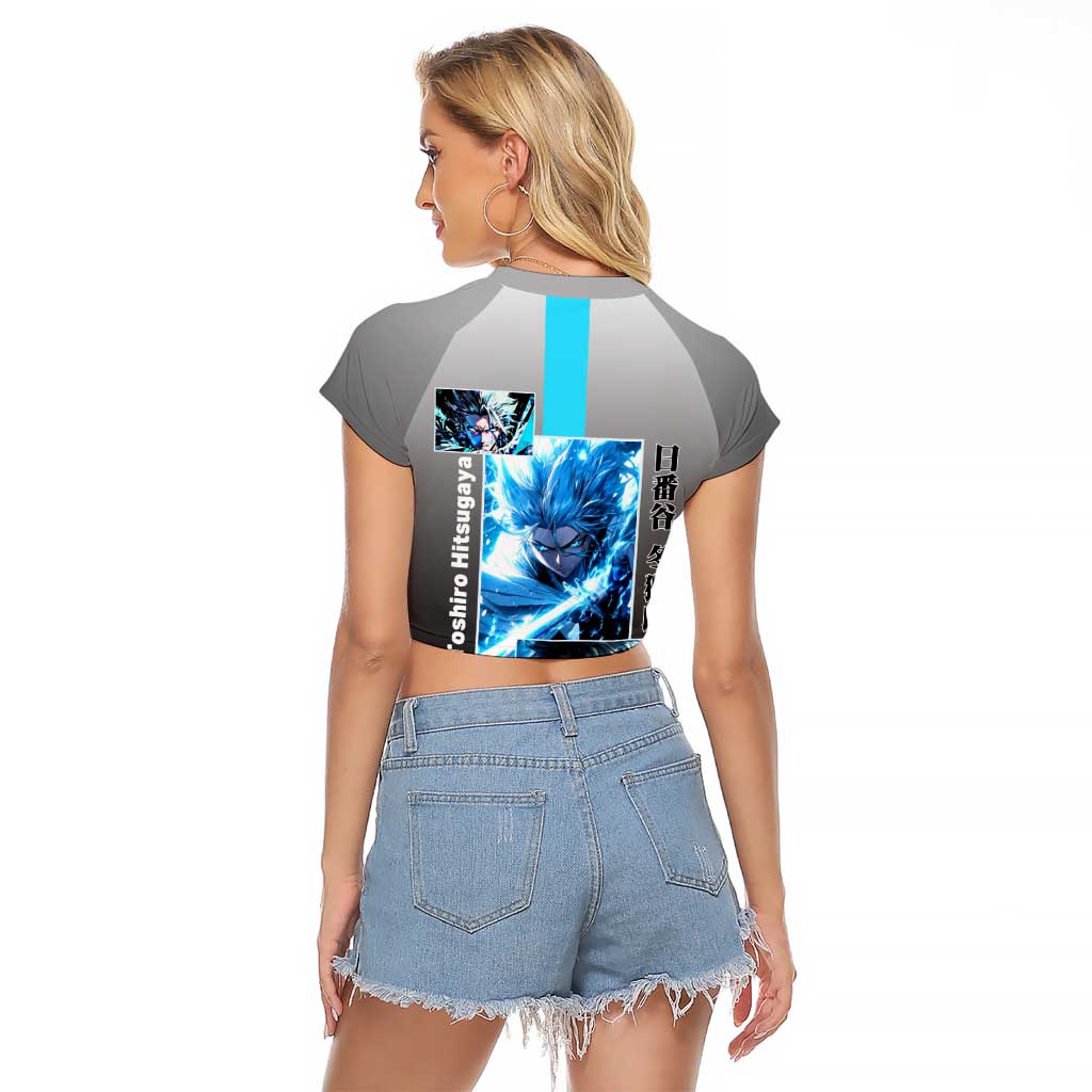 Toshiro Hitsugaya Bleach Raglan Cropped T Shirt with Ice Dragon and Cool Battle Pose Design - The Mazicc
