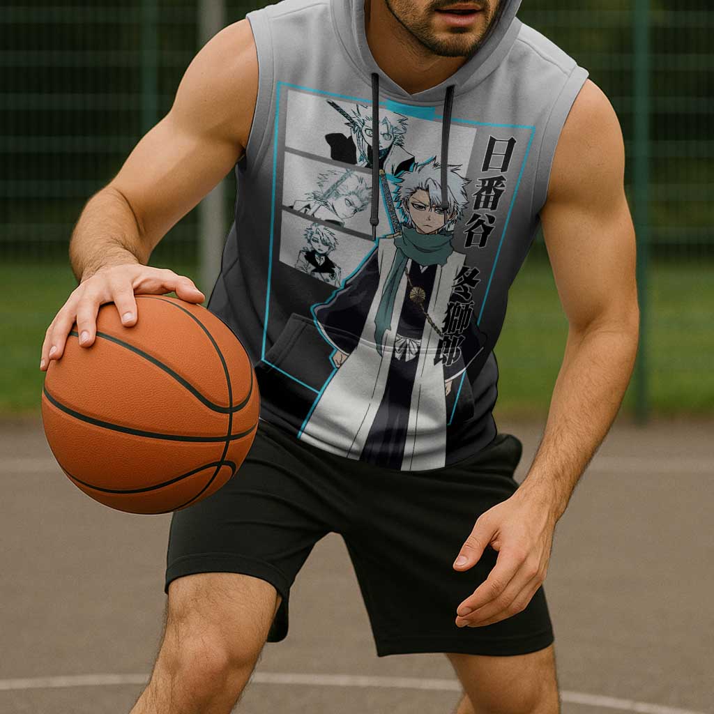 Toshiro Hitsugaya Bleach Sleeveless Hoodie with Ice Dragon and Cool Battle Pose Design - The Mazicc
