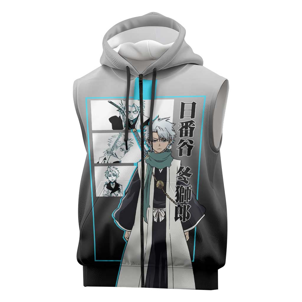Toshiro Hitsugaya Bleach Sleeveless Zip Hoodie with Ice Dragon and Cool Battle Pose Design - The Mazicc