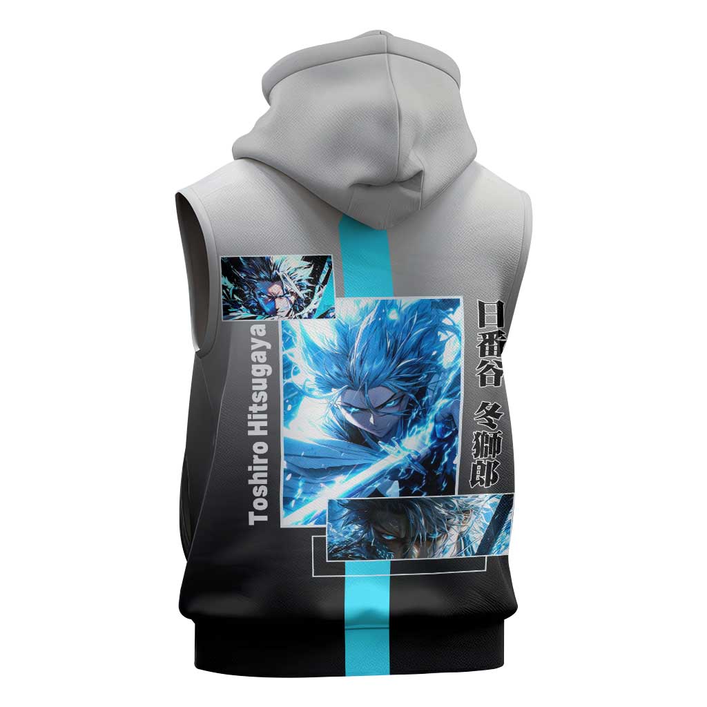 Toshiro Hitsugaya Bleach Sleeveless Zip Hoodie with Ice Dragon and Cool Battle Pose Design - The Mazicc