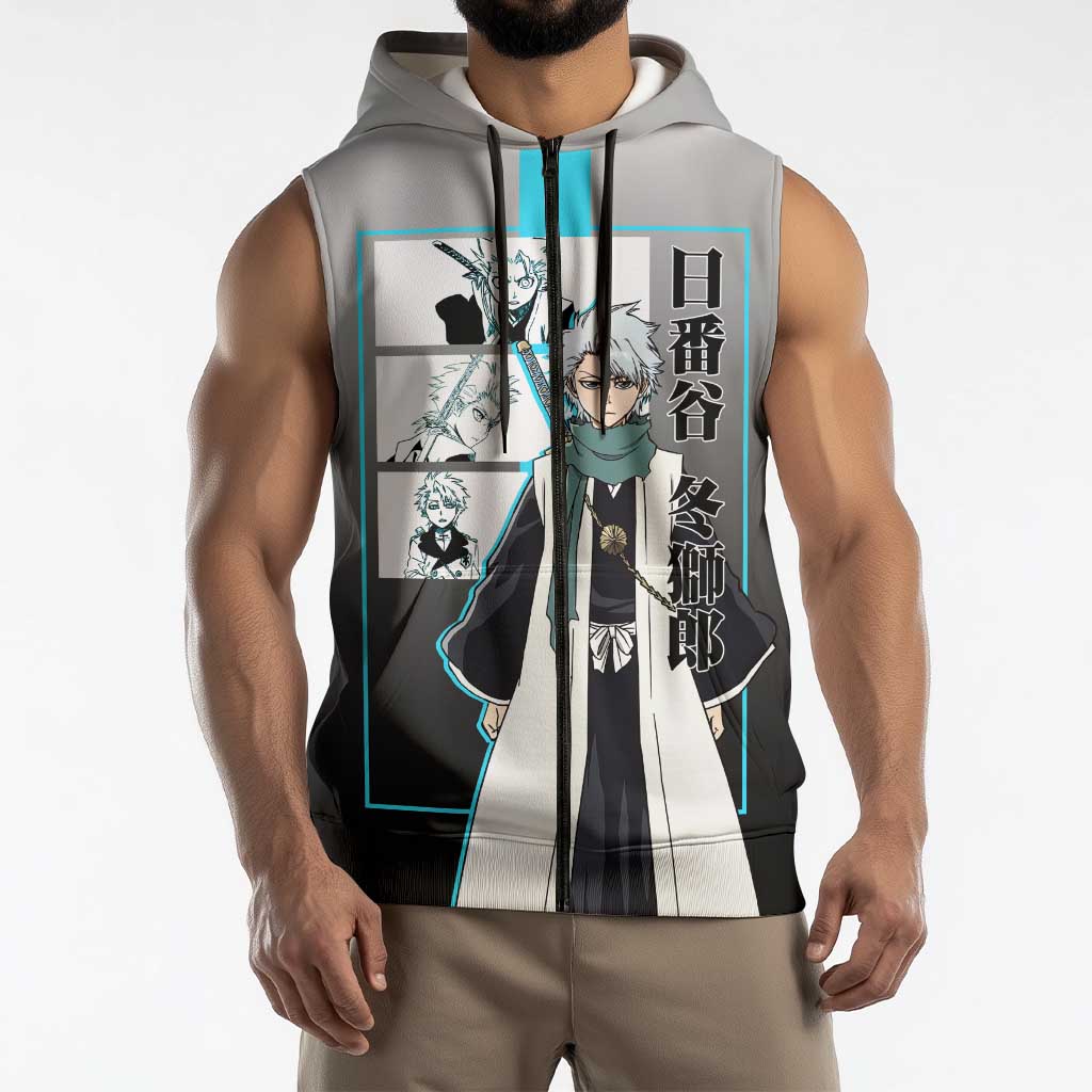 Toshiro Hitsugaya Bleach Sleeveless Zip Hoodie with Ice Dragon and Cool Battle Pose Design - The Mazicc