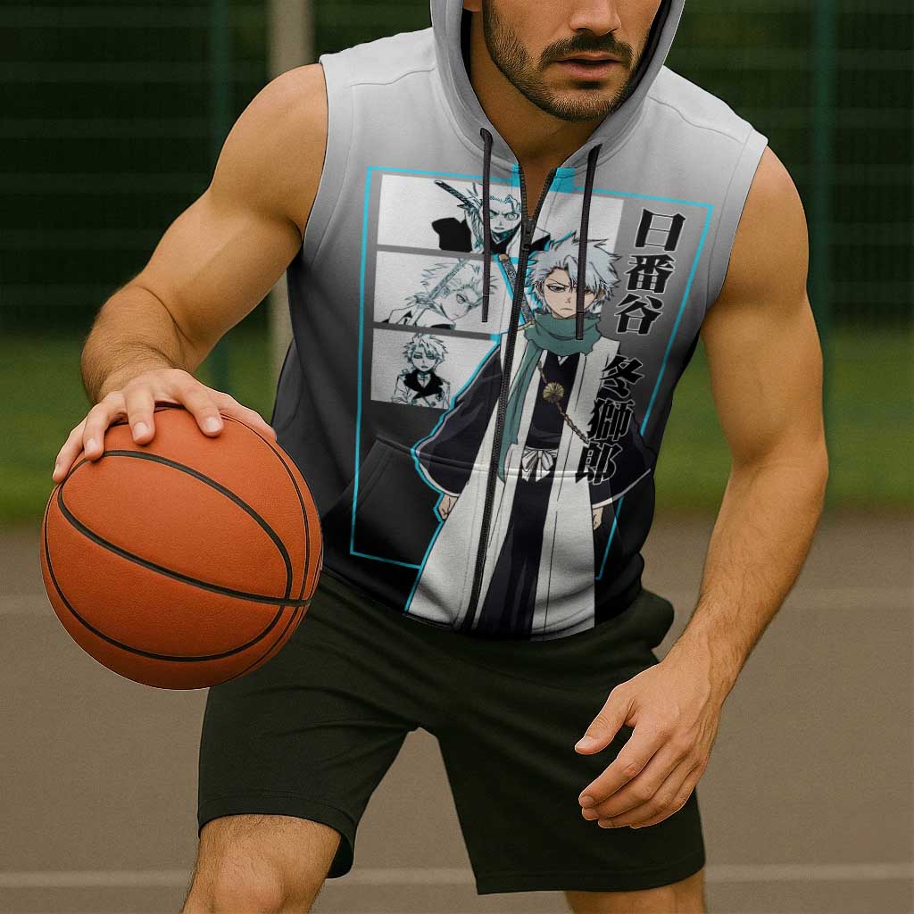 Toshiro Hitsugaya Bleach Sleeveless Zip Hoodie with Ice Dragon and Cool Battle Pose Design - The Mazicc