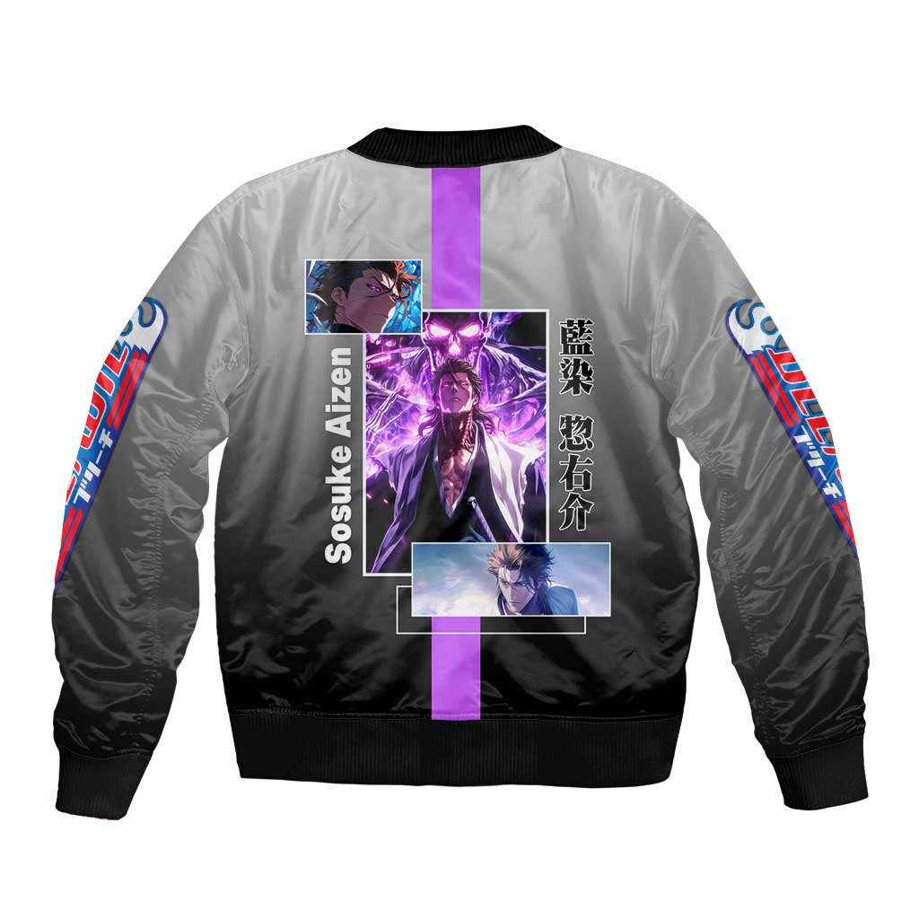 Sosuke Aizen Bleach Bomber Jacket with Cunning Pose and Strategic Design - The Mazicc