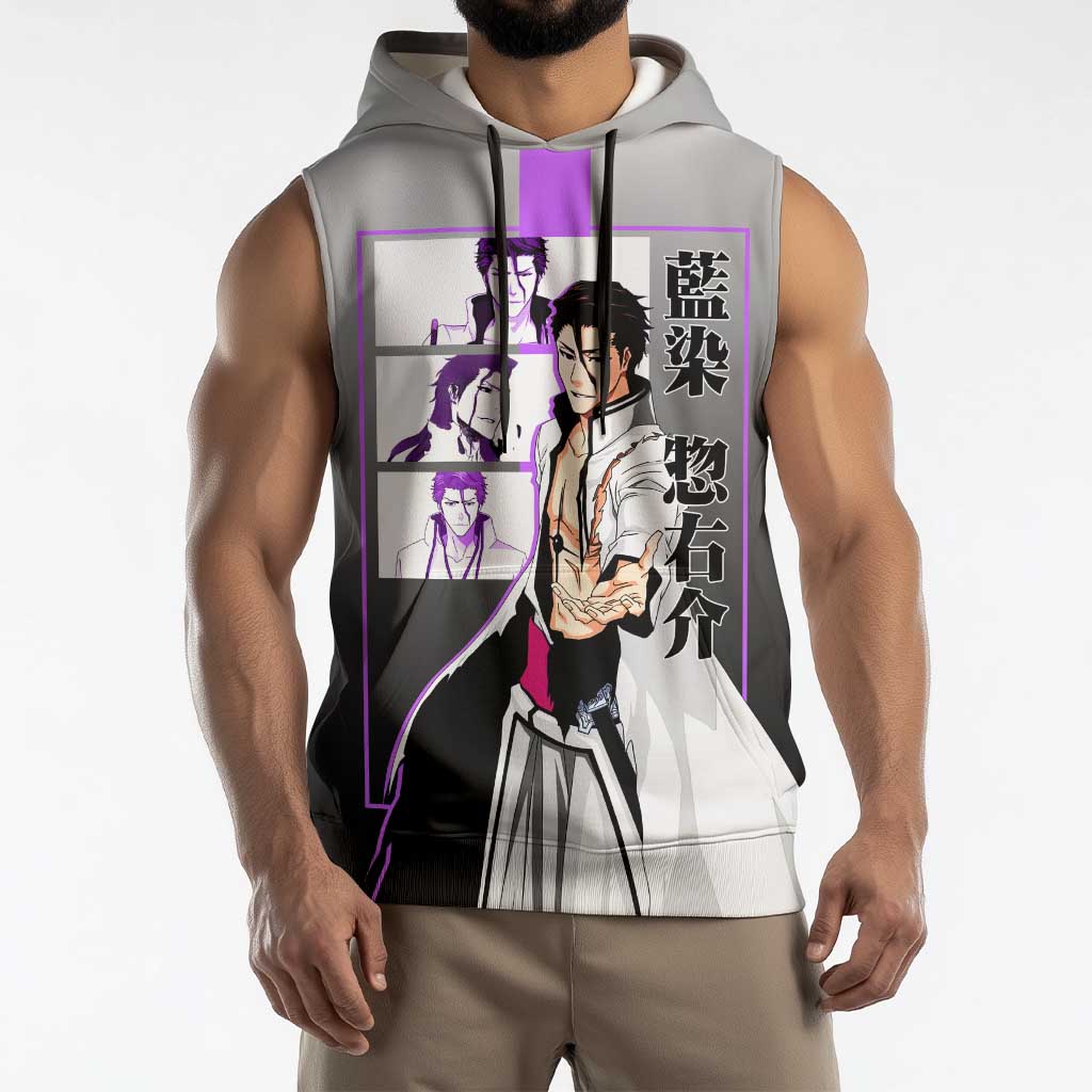 Sosuke Aizen Bleach Sleeveless Hoodie with Cunning Pose and Strategic Design - The Mazicc