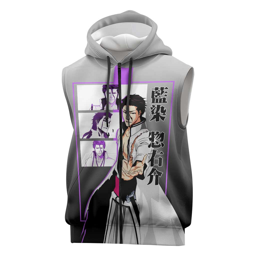 Sosuke Aizen Bleach Sleeveless Zip Hoodie with Cunning Pose and Strategic Design - The Mazicc