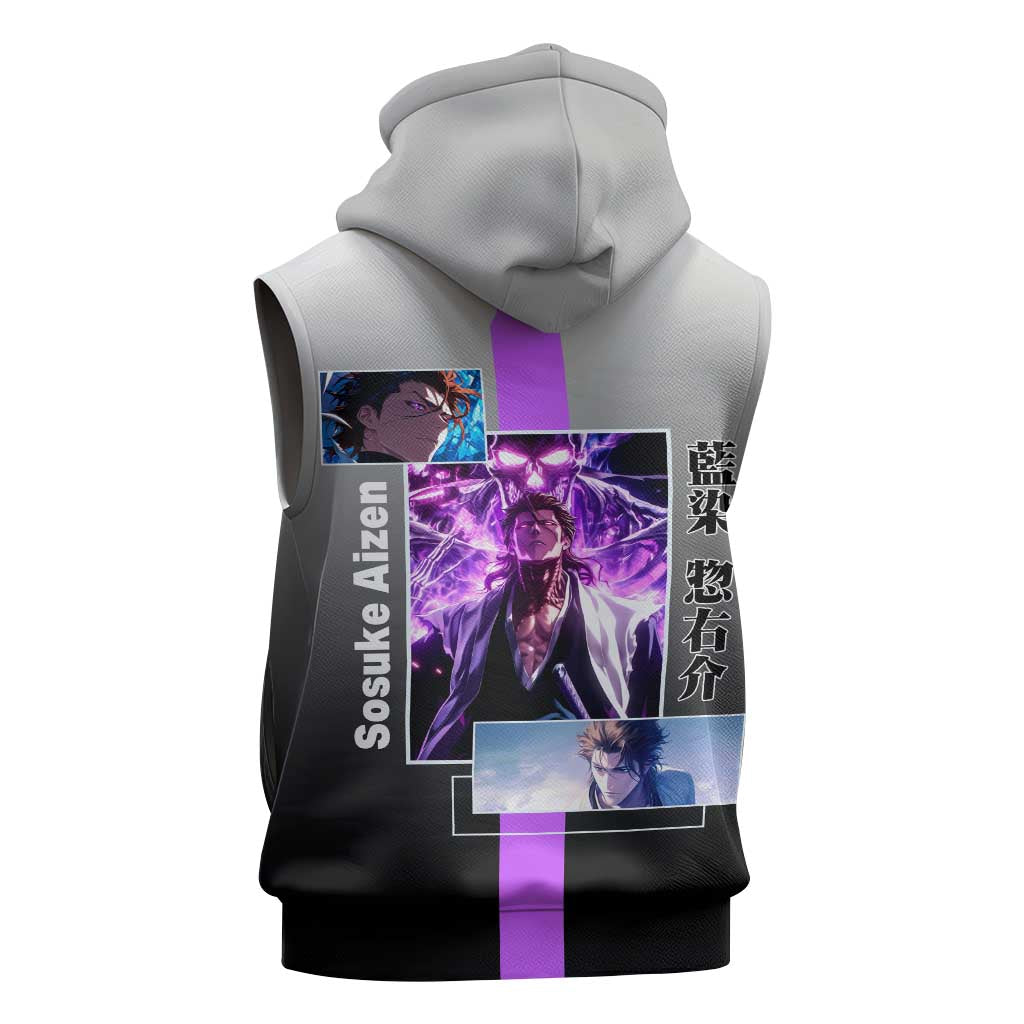 Sosuke Aizen Bleach Sleeveless Zip Hoodie with Cunning Pose and Strategic Design - The Mazicc