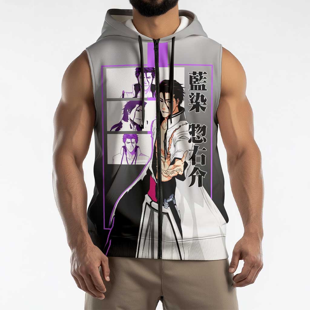 Sosuke Aizen Bleach Sleeveless Zip Hoodie with Cunning Pose and Strategic Design - The Mazicc