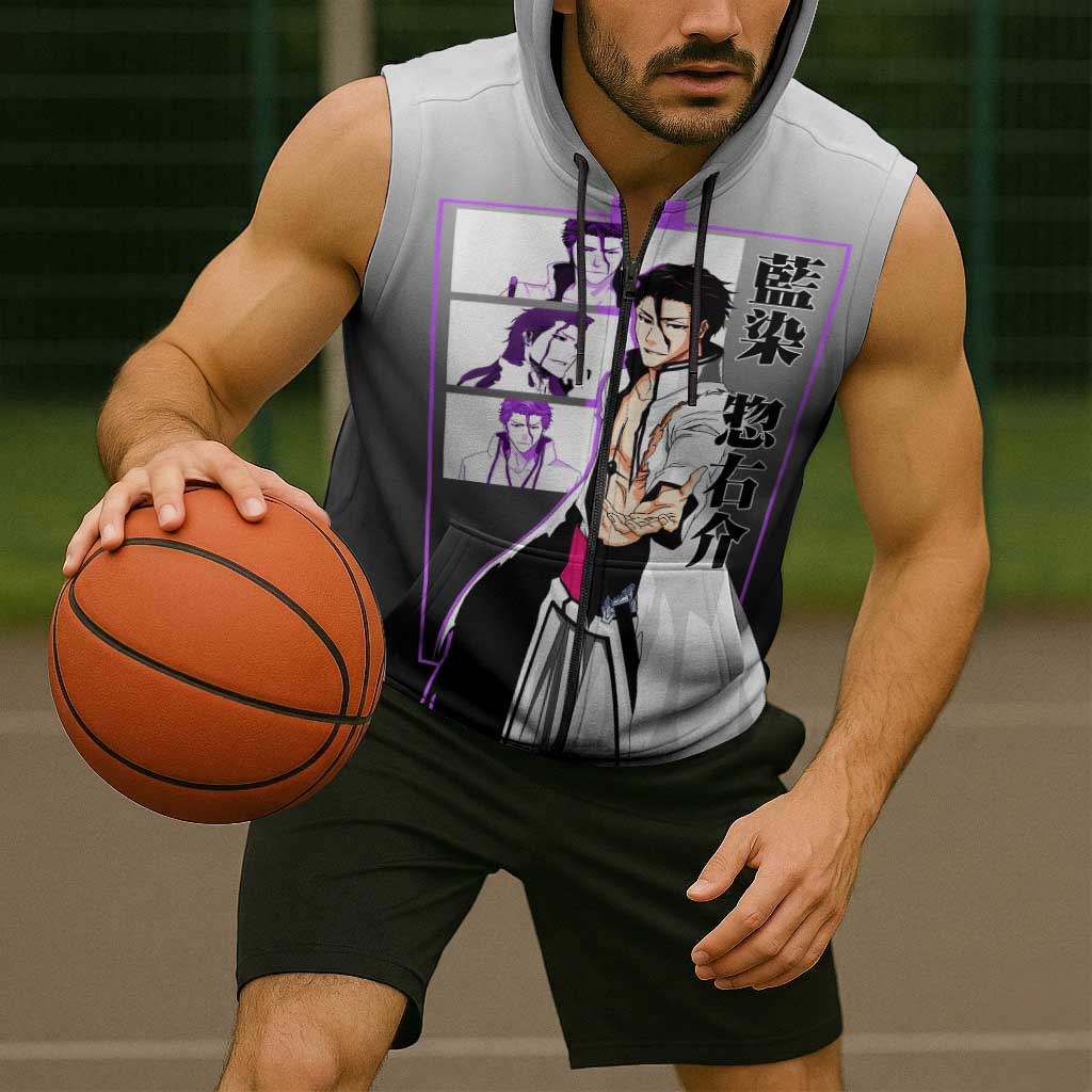 Sosuke Aizen Bleach Sleeveless Zip Hoodie with Cunning Pose and Strategic Design - The Mazicc