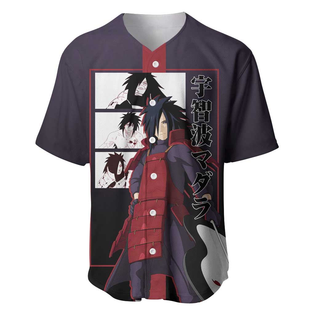 Madara Uchiha Naruto Baseball Jersey with Sharingan Eyes and Powerful Battle Pose Design - The Mazicc