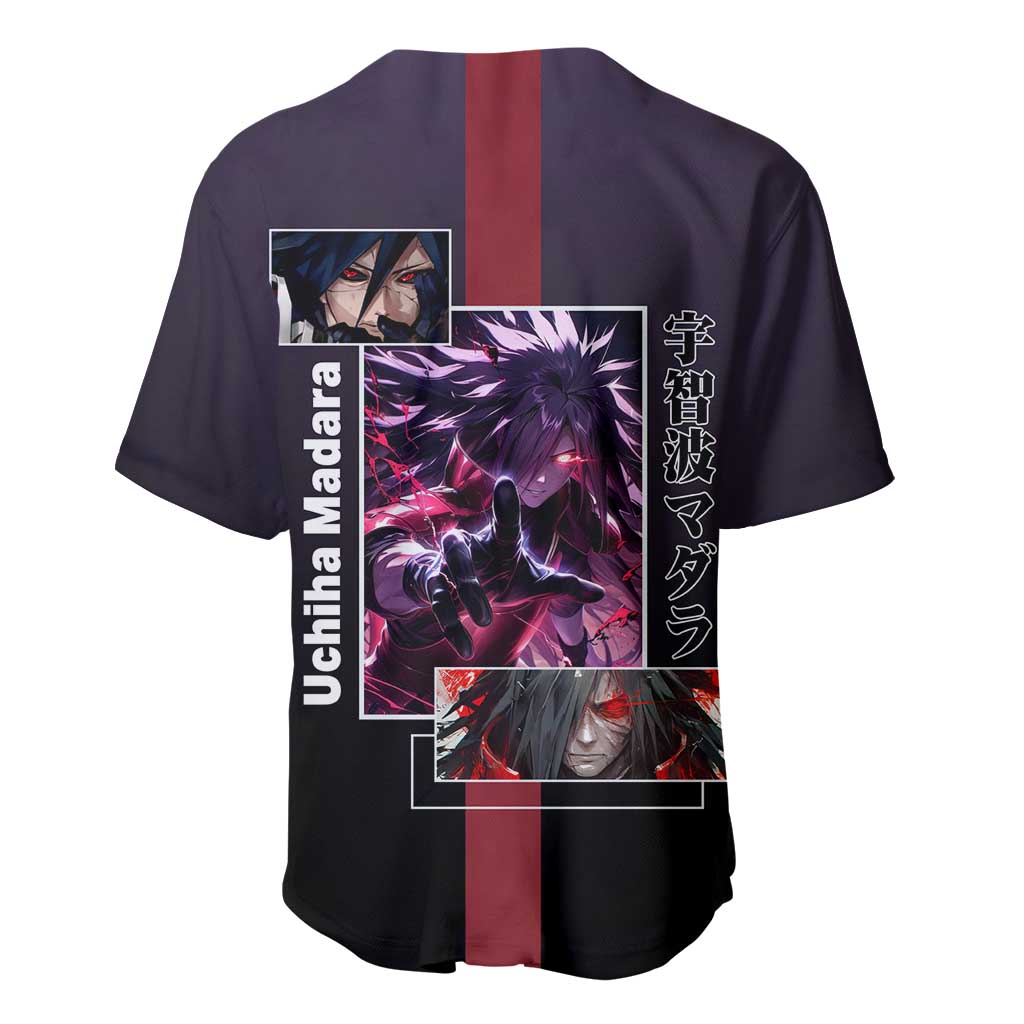 Madara Uchiha Naruto Baseball Jersey with Sharingan Eyes and Powerful Battle Pose Design - The Mazicc