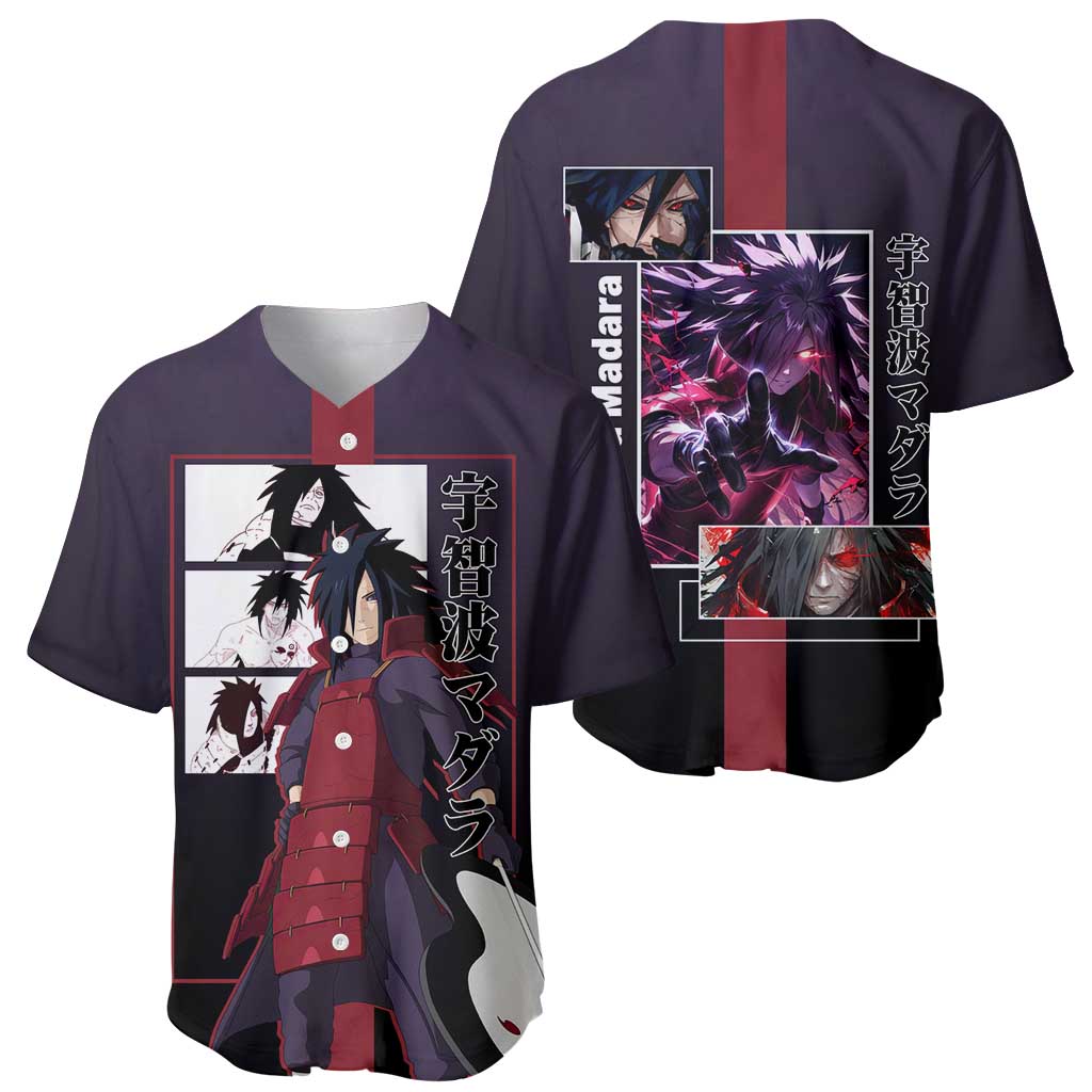 Madara Uchiha Naruto Baseball Jersey with Sharingan Eyes and Powerful Battle Pose Design - The Mazicc