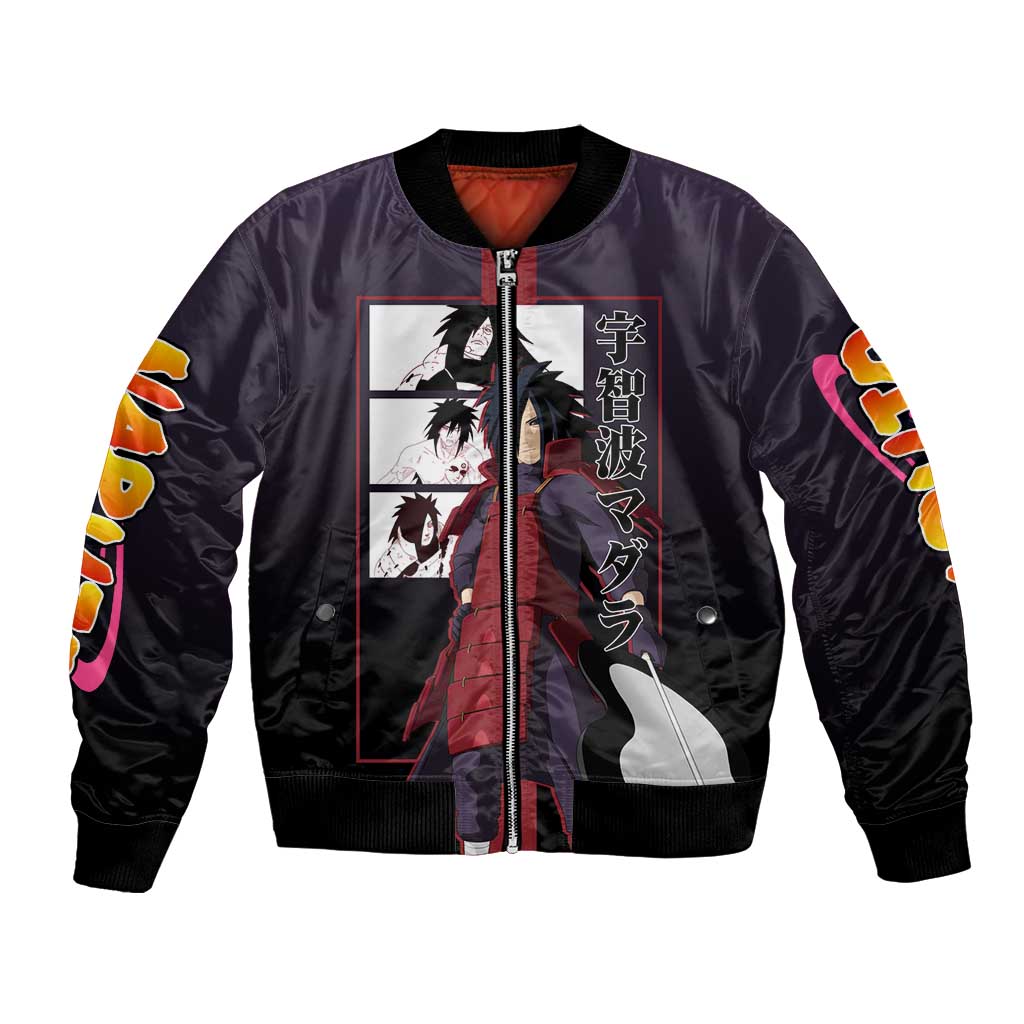 Madara Uchiha Naruto Bomber Jacket with Sharingan Eyes and Powerful Battle Pose Design - The Mazicc