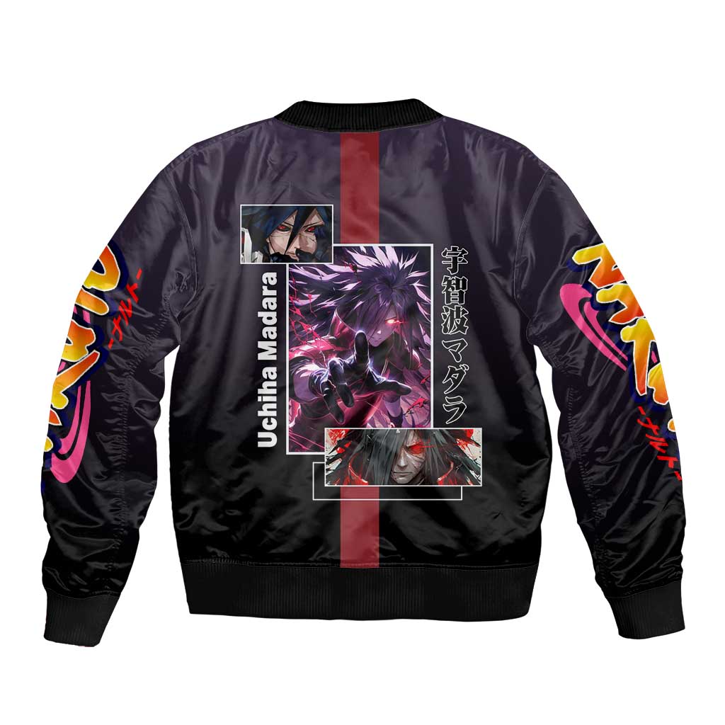 Madara Uchiha Naruto Bomber Jacket with Sharingan Eyes and Powerful Battle Pose Design - The Mazicc