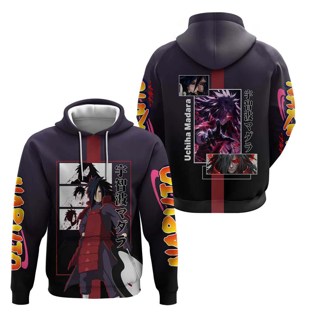 Madara Uchiha Naruto Hoodie with Sharingan Eyes and Powerful Battle Pose Design - The Mazicc