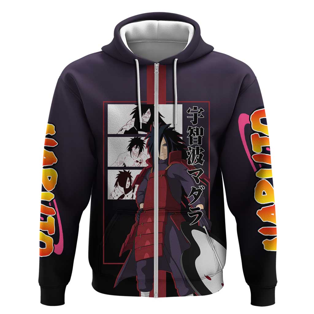 Madara Uchiha Naruto Hoodie with Sharingan Eyes and Powerful Battle Pose Design - The Mazicc