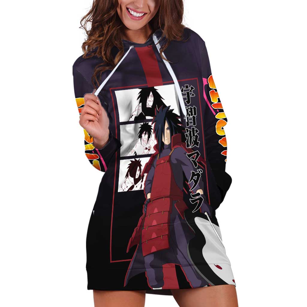 Madara Uchiha Naruto Hoodie Dress with Sharingan Eyes and Powerful Battle Pose Design - The Mazicc