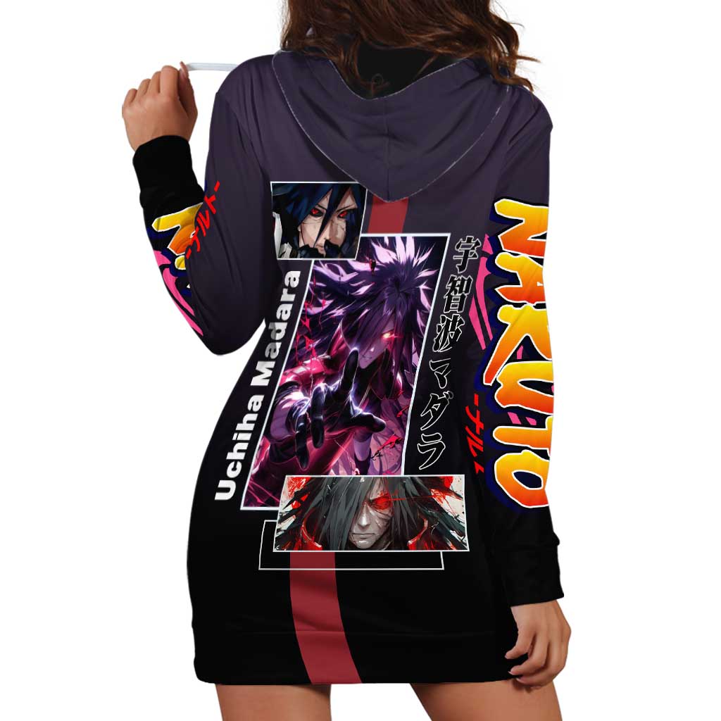 Madara Uchiha Naruto Hoodie Dress with Sharingan Eyes and Powerful Battle Pose Design - The Mazicc