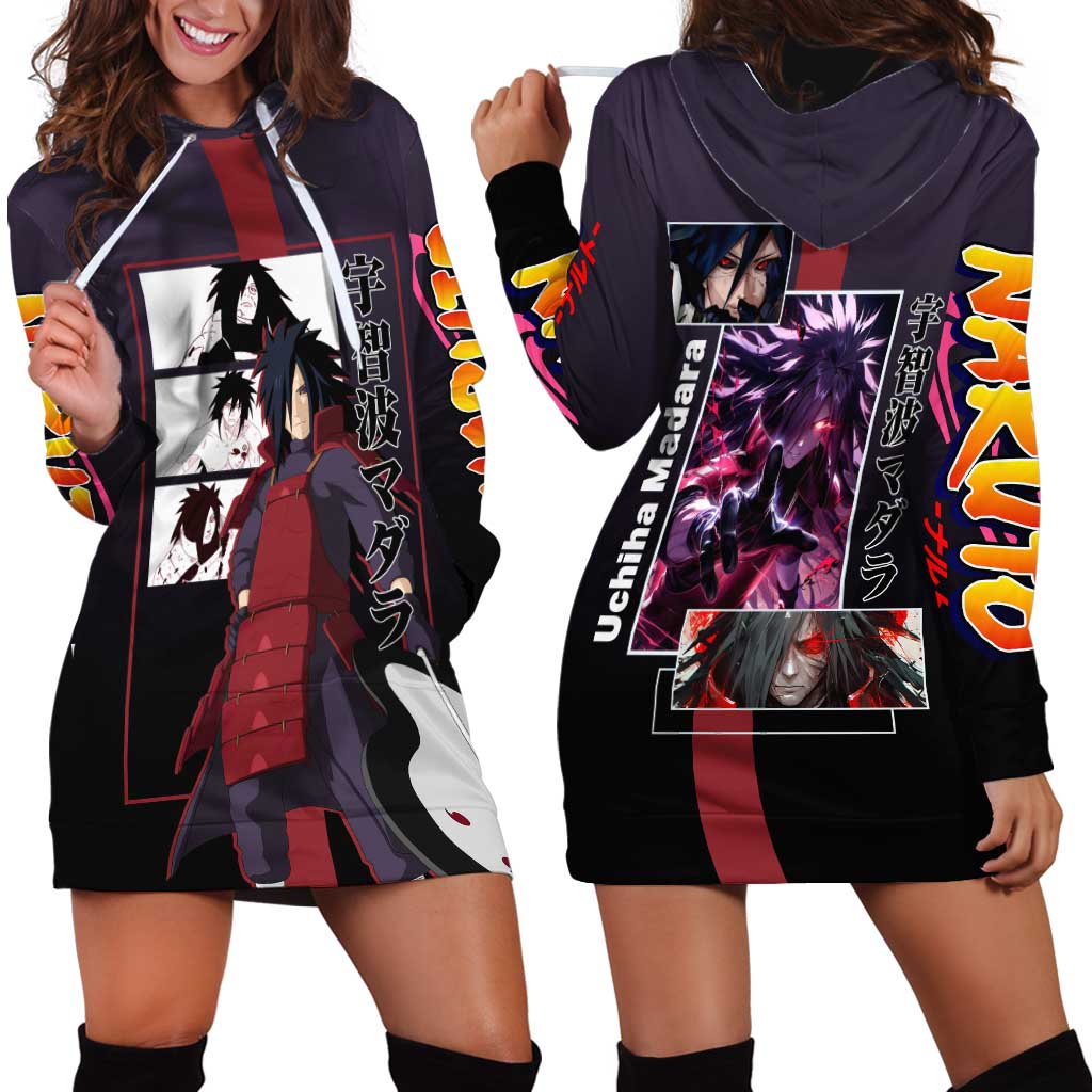 Madara Uchiha Naruto Hoodie Dress with Sharingan Eyes and Powerful Battle Pose Design - The Mazicc