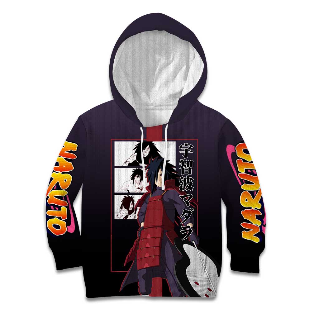 Madara Uchiha Naruto Kid Hoodie with Sharingan Eyes and Powerful Battle Pose Design - The Mazicc